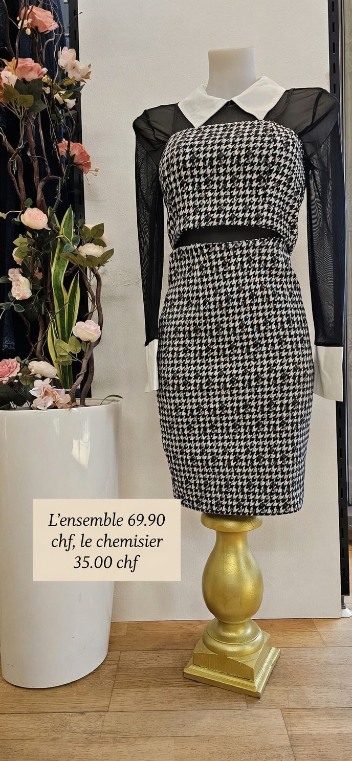 Taille 38-40 - Pied-de-poule chic + transparence audacieuse + col immaculé, la robe qui transforme chaque entrée en moment signature !